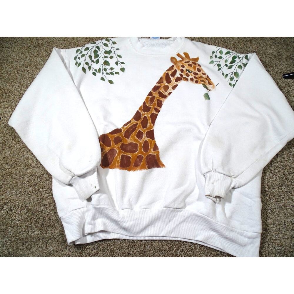 Vintage Hand Painted Giraffe Graphic Sweatshirt XL Made in USA Jerzees Fleece